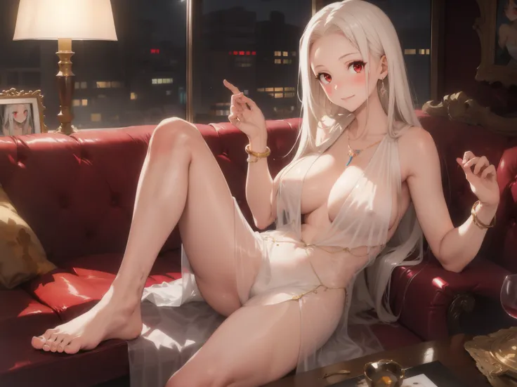 (cowboy shot:1.3),1girl,Irisviel von Einzbern,seductive smile, (solo:1.4), long hair, looking at viewer, blush, bangs, (gigantic_breasts),(hanging breasts), (red eyes), dress, cleavage, bare shoulders, jewelry, sitting,hands up,crossed legs,very long hair,...