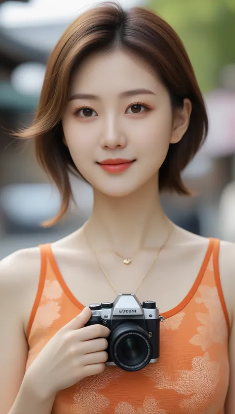 Close-up shot of beautiful korean female, 36 inch breasts size, slightly smile, wearing orange pattern tank top, necklace, holding camera, in Japan,  UHD