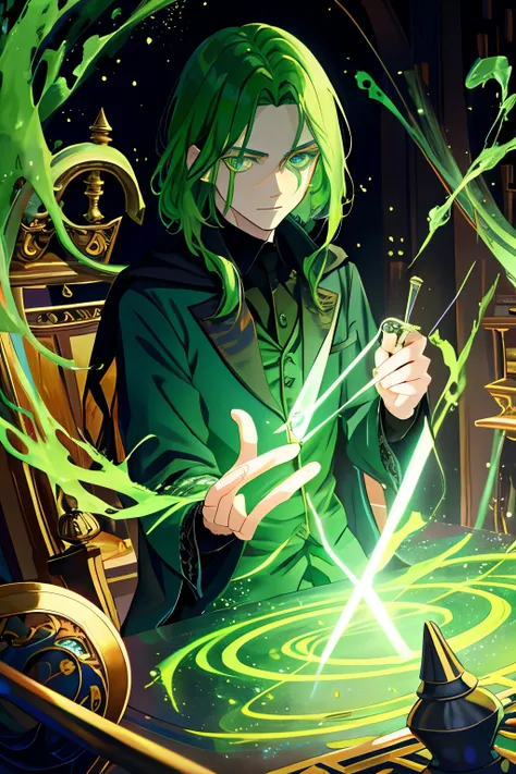 In the depths of an ancient castle, the enigmatic Severus Snape was engrossed in the art of potions. His glowing light green eyes, a striking contrast to the nightmarish surroundings, shone brightly over his bubbling cauldrons. The walls adorned with brigh...