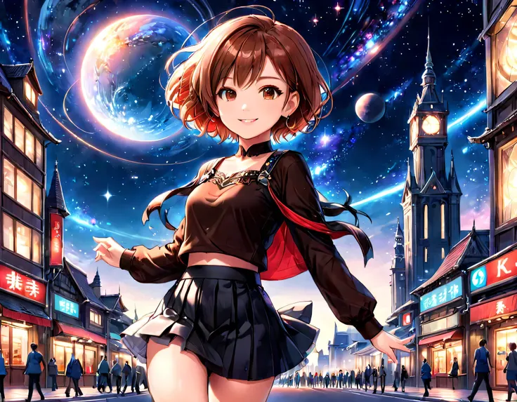 beautiful fingertips:1.1,A city in another world:1.0,beautiful feet:1.1,thin waist,mini skirt,full smile,1 beautiful girl,clear red eyes:1.2,universe,short hair:1.2,(Brown color,Detailed depiction of hair),(8K high quality),small face,ultra high resolution...