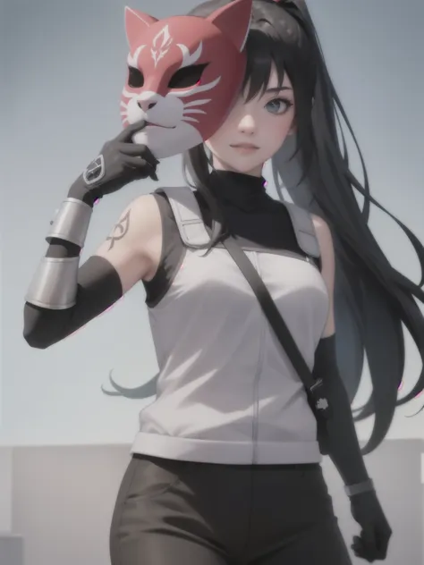 perfect eyes:1.2, detailed eyes:1.4, black hair, ponytail, very long hair, mask on hand, covering face, cat mask, grey armor:1.2...