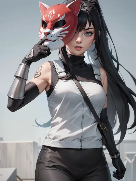 perfect eyes:1.2, detailed eyes:1.4, black hair, ponytail, very long hair, mask on hand, covering face, cat mask, grey armor:1.2...