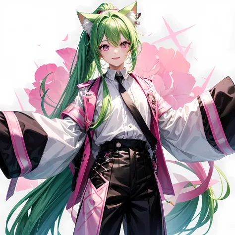 Beautiful young man has long hair、I have bright green hair and pink hair.、pink eyes、Cat ear、Boy character、positive、pure white background、Clothes: white blouse, black jacket and black pants、No pose 、positive、1 person、smile、Standing picture、ponytail