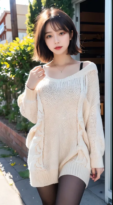 ulzzang-6500-v1.1,(Raw photo:1.2), (Photoreal), (genuine:1.4), ((muste piece)),(very realistic, High resolution, detailed face, fine eyes), Realistic college girl in kashkul knit dress、short hair、Wearing super realistic pantyhose、