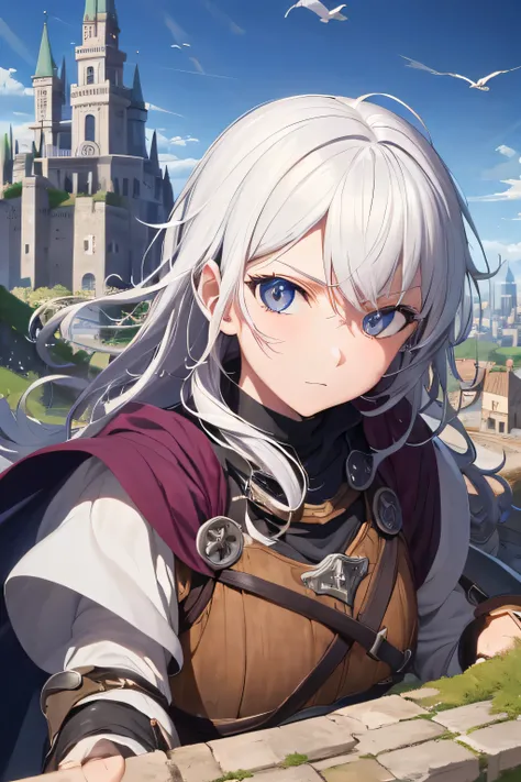 ((best quality)), ((masterpiece)), (detailed), perfect face，white hair，juvenile，anime style，Holy Sword，Brave，Middle Ages，castle，salvador