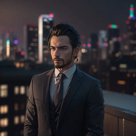 ((ultra detailed, masterpiece, best quality)) REVChris, 35yr. old, 1boy, solo, ponytail hair, goatee, On a sophisticated city rooftop, dressed in a sharp blazer, with the skyline as the backdrop, at night, photo-realistic, octane render, unreal engine, ult...