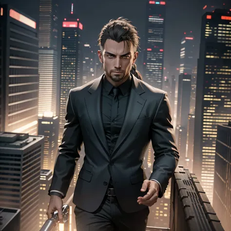 ((ultra detailed, masterpiece, best quality))
 REVChris, 35yr. old, 1boy, solo, ponytail hair, goatee, On a sophisticated city rooftop, dressed in a sharp blazer, with the skyline as the backdrop, at night, photo-realistic, octane render, unreal engine, ul...