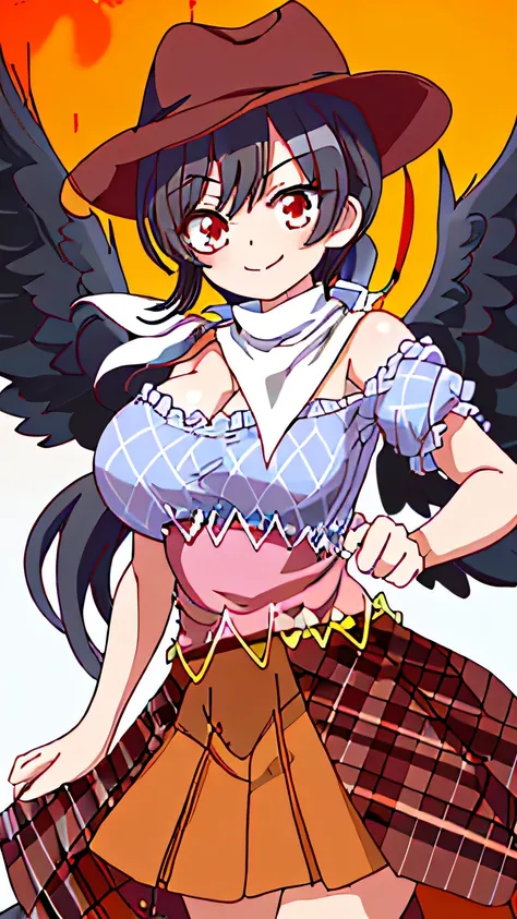 kurokoma saki, 1girl,cowboy ，((large breasts)) ，smiling,high quality,illustration，hat,black hair,long hair,ponytail,red eyes,bandana, white scarf,multicolored clothes,bare shoulder,short sleeves,blue shirt,wings,multicolored dress, brown skirt,plaid skirt,...