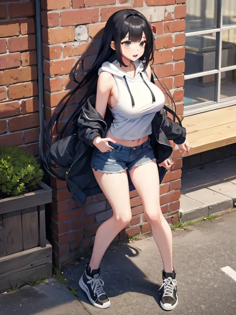 A girls, long hair, big breast, wearing hoodie, wearing short pants, full body