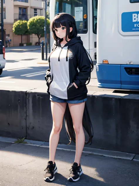 A girls, long hair, big breast, wearing hoodie, wearing short pants, full body