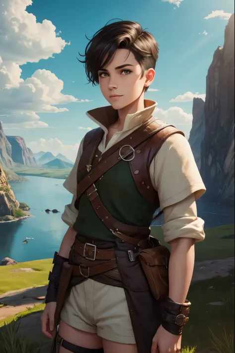 A happy young woman with an undercut in a fantasy setting. An adventurer and ranger. Very androgynous looking. In a good mood. Sympathic. Tomboyish. Androgynous. Slim body. Very . Very small breasts. Wide hips. Thick legs. Face: Extremly pale skin with liv...