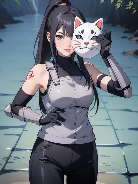 perfect eyes:1.2, detailed eyes:1.4, black hair, ponytail, very long hair, mask on hand, covering face, cat mask, grey armor:1.2...