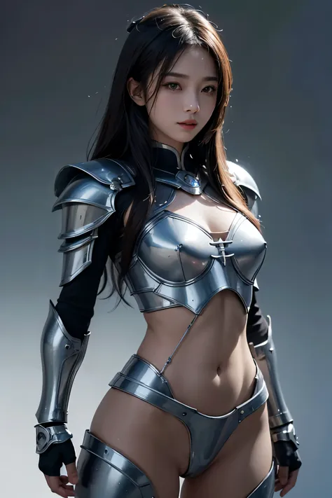 (Highest image quality, Excellent details, ultra high resolution), 1 girl,asian girl，Metal knight armor，bare belly , (Charming figure:1.2, Polished and muscular body), (a little fat:0.5), Background military base, gentle smile, dynamic poses, dramatic ligh...