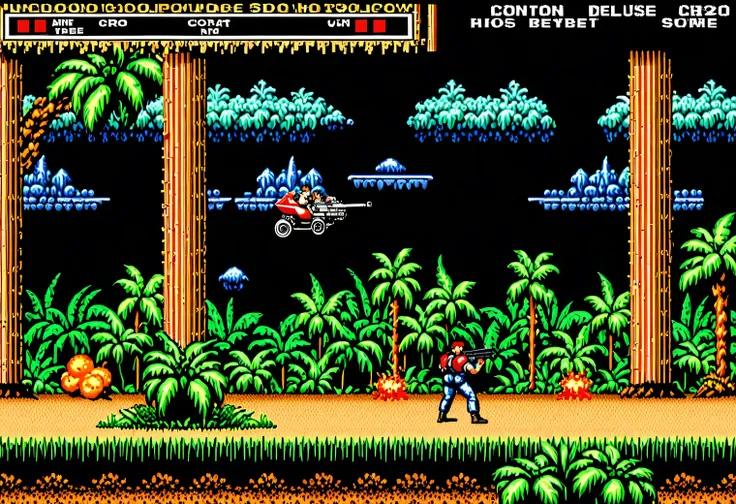 game scene from retro game Contra, 8 bit, 8 bit color palette, Nintendo Entertainment System, retro textures, original gameplay, full compliance with the original Contra game, 2D