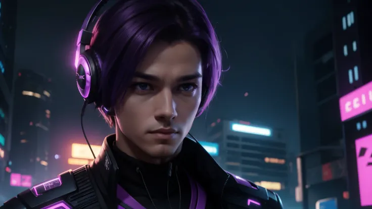 Beautiful 2 boys 25 years old surprising looking, wearing headphones, animated, trending on artstation, background universe purple, background universe purple, cyberpunk, cyberpunk, official art, artstation, digital illustration stylized video game icon, h...