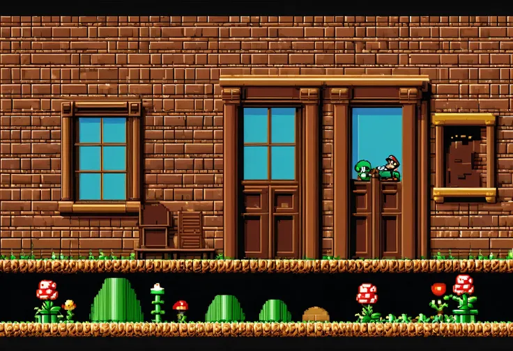 game scene from the retro game Super Mario Bros., 8 bit, 8 bit color palette, Nintendo Entertainment System, retro textures, original gameplay, full compliance with the original Super Mario Bros. game, 2D