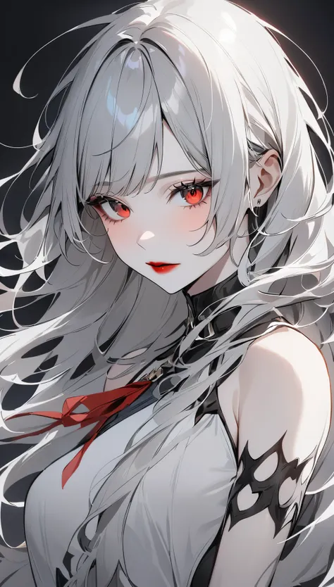 highest quality、masterpiece、1 girl、black background、gray hair:1.5、red eyes、red lips、white clothes、black and white world、black an...