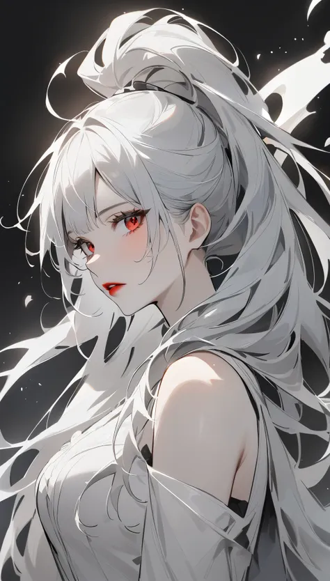 highest quality、masterpiece、1 girl、black background、gray hair:1.5、red eyes、red lips、white clothes、black and white world、black an...