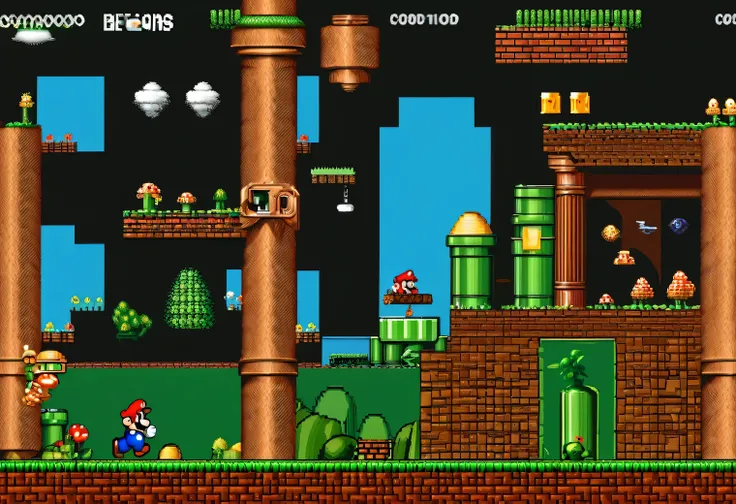 game scene from the retro game Super Mario Bros., 8 bit, 8 bit color palette, Nintendo Entertainment System, retro textures, original gameplay, full compliance with the original Super Mario Bros. game, 2D, high detail, clear game textures, clear detail image, full compliance with the original game, the game character is shown in detail, complex elaboration of the elements