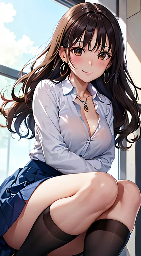 (table top, highest quality, High resolution, , perfect pixel, 4k,), 1 girl, single, alone, Beautiful woman、I could see the whole body、 ((wavy mid hair, bangs, brown hair)), ((brown eyes, beautiful eyelashes, realistic eyes)), ((detailed face, blush:1.2)),...