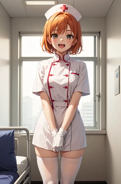 1girl, solo, nurse, nurse cap, white nurse uniform, ((white legwear, zettai ryouiki)), white gloves, very short hair, orange hair, smile, open mouth, standing, ((hospital room)), sharp outline, short sleeves, tomboy, boyish, best quality, masterpiece