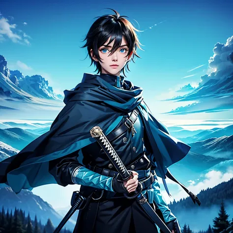 A black-haired youth with blue eyes stood on top of a hill, holding a sword in his right hand. He wore blue and black clothes. The sky behind him was dark blue with many stars. There are some clouds in the sky. In the distance, you can see a mountain. Real...