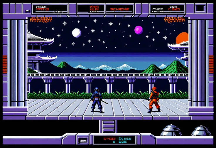 game scene from the retro game zen: intergalactic ninja, 8-bit, 8-bit color palette, nintendo entertainment system, retro textur...