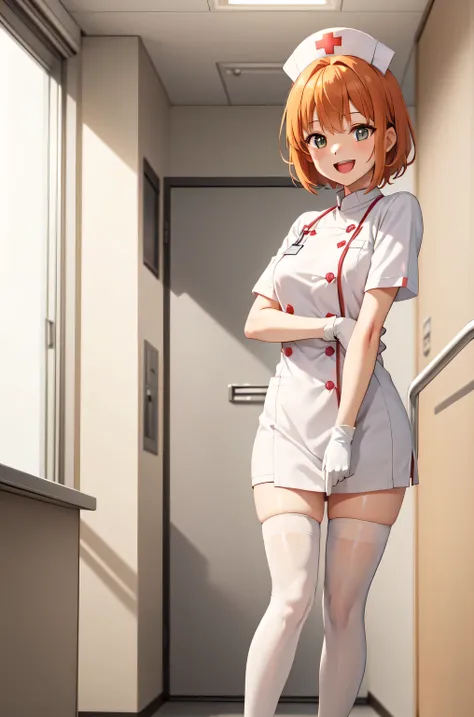 1girl, solo, nurse, nurse cap, white nurse uniform, ((white legwear, zettai ryouiki)), white gloves, very short hair, orange hair, smile, open mouth, standing, ((hospital room)), sharp outline, short sleeves, tomboy, boyish, best quality, masterpiece