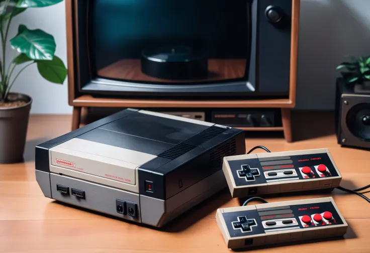 on the table is a retro nintendo entertainment system game console connected to a retro tv and running a retro game, retro photo...