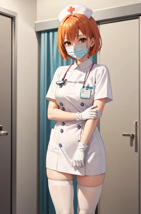 1girl, solo, nurse, nurse cap, white nurse uniform, ((white legwear, zettai ryouiki)), white gloves, very short hair, orange hair, ((white surgical mask, covered nose)), standing, ((hospital room)), sharp outline, short sleeves, tomboy, boyish, best qualit...