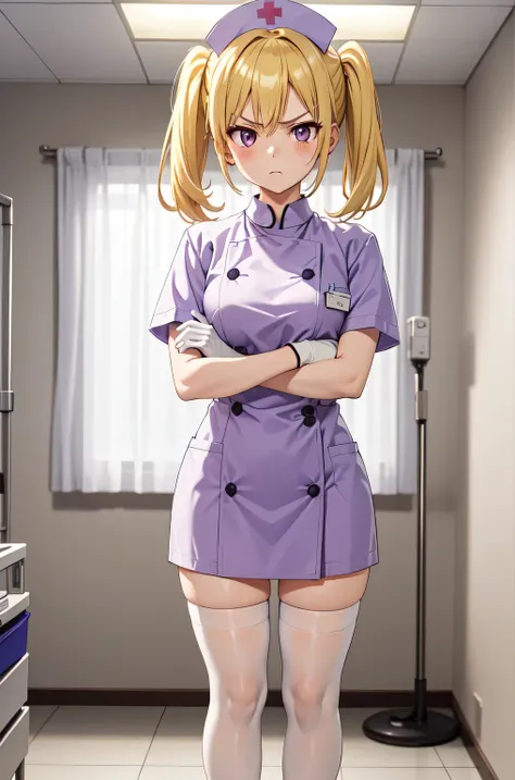 1girl, solo, nurse, nurse cap, white nurse uniform, ((white legwear, zettai ryouiki)), white gloves, twintails, yellow hair, purple eyes, angry, crossed arms, standing, ((hospital room)), sharp outline, short sleeves, best quality, masterpiece