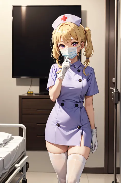 1girl, solo, nurse, nurse cap, white nurse uniform, ((white legwear, zettai ryouiki)), white gloves, twintails, yellow hair, purple eyes, ((white surgical mask, covered nose)), standing, ((hospital room)), sharp outline, short sleeves, best quality, master...