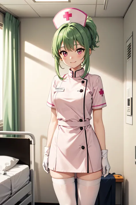 1girl, solo, nurse, nurse cap, white nurse uniform, ((white legwear, zettai ryouiki)), white gloves, ponytail, green hair, pink eyes, smile, standing, ((hospital room)), sharp outline, short sleeves, best quality, masterpiece