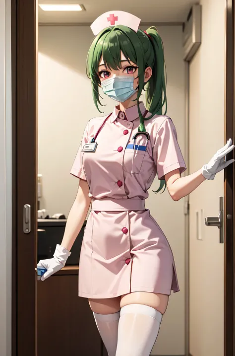 1girl, solo, nurse, nurse cap, white nurse uniform, ((white legwear, zettai ryouiki)), white gloves, ponytail, green hair, pink eyes, ((white surgical mask, covered nose)), standing, ((hospital room)), sharp outline, short sleeves, best quality, masterpiec...