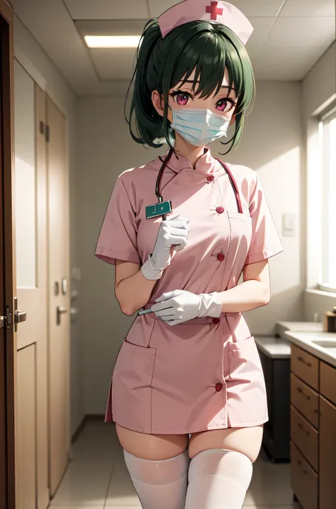 1girl, solo, nurse, nurse cap, white nurse uniform, ((white legwear, zettai ryouiki)), white gloves, ponytail, green hair, pink eyes, ((white surgical mask, covered nose)), standing, ((hospital room)), sharp outline, short sleeves, best quality, masterpiec...
