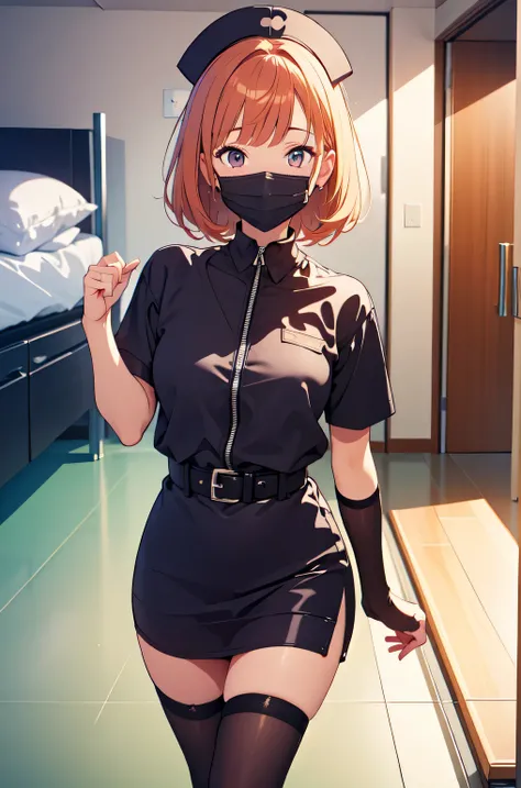 black nurse, 1girl, solo, black nurse cap, black nurse uniform, ((black legwear, zettai ryouiki)), black elbow gloves, very short hair, orange hair, ((black surgical mask, covered nose)), standing, ((surgery room)), sharp outline, short sleeves, tomboy, bo...