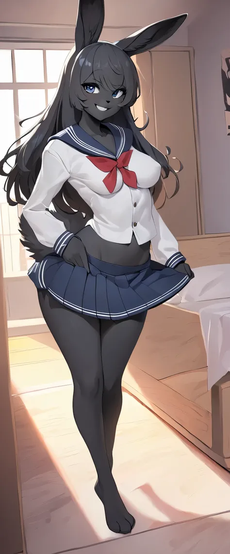 (highest quality, 4k, 8k, High resolution, masterpiece:1.2), Super detailed, (anime style:1.37), Rabbit-like, front teeth, Mammals, mythical, cute rabbit, bunny ears, beastman, cute, big_chest, big_butt, bipedal walking, black_body, black_fur, black_nose, ...