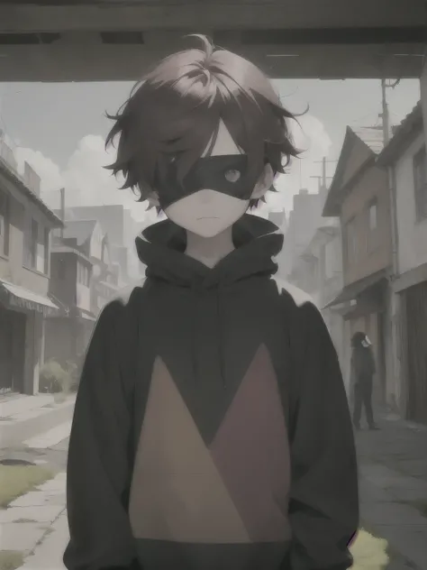 A young boy with three triangles under one eye and his hair is wine red and the background is some dark buildings but full of moss and plants and he is looking towards and his eyes are covered with a glitch type and his clothes are a sweatshirt with some l...