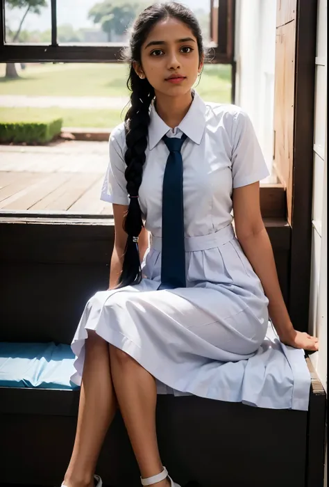 raw photo , 1 girl  ,wearing white frock and color tie, white shoes ,sri lanka teen school girl, with plait , professional photo...