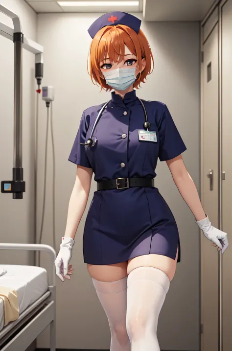 1girl, solo, nurse, nurse cap, white nurse uniform, ((white legwear, zettai ryouiki)), white gloves, very short hair, orange hair, ((white surgical mask, covered nose)), standing, ((hospital room)), sharp outline, short sleeves, tomboy, boyish, best qualit...