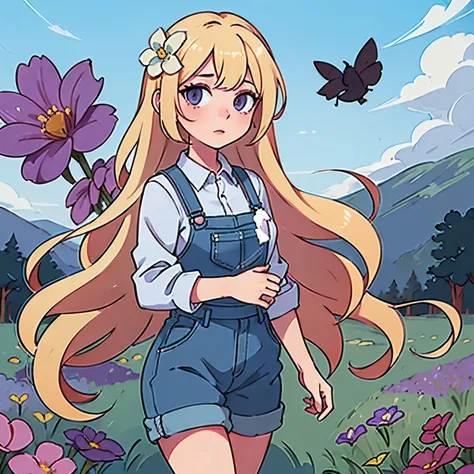 A cute girl with blonde Hair, purple eyes, blue overalls, lime shirt, blue pants with a flower field background