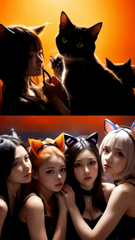 masterpiece, 4k, Bokeh, beautiful face, Harem, (multiple girls:1.4), (Group Photo:1.5), (Cat ears:1.3), (white bob hair:1.3) , looking at the viewer, cowboy shot, holding many cats in both hands, (Neon orange background :1.4), closeup