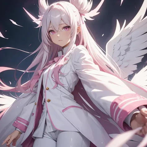 anime, long white hair, pink eyes, wearing a pink ribbon, white shirt, pink jacket, white pants, wearing white wings