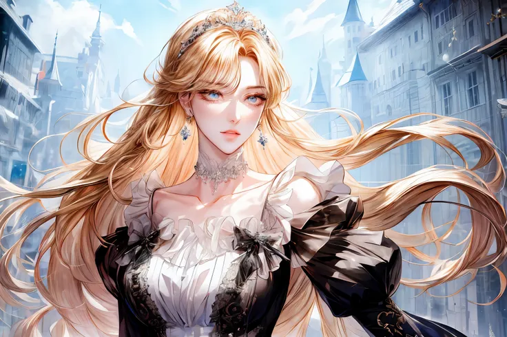 (((shoujo-style))), (romance manhwa), 1girl, blonde hair, solo, long hair, (earrings), flower, rose, crystalline, dress, tiara, white dress, gloves, long sleeves, choker, mascara, makeup, elbow gloves, bow, floating hair, bra, jewelry, looking at viewer, c...