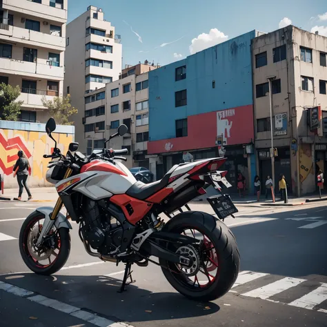 The image showcases an urban scene, with a favela in the background, highlighting its intricacies such as colorful houses stacked on slopes. At the center of the composition, a motorcycle with a customized engine takes the foreground, displaying distinct e...