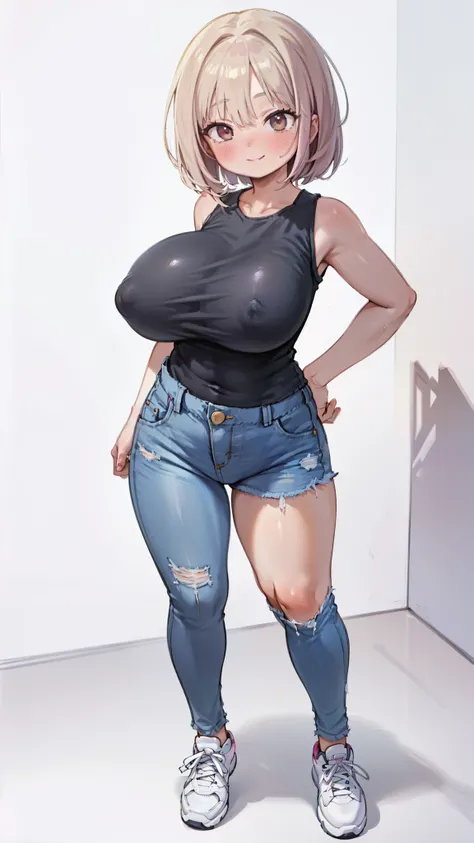 ((masterpiece)), 1 girl, solo, makeup, , big breasts, ((milf)), ((mature sexual erotic woman)), big breasts, perfect body, jagged skin, bob cut pink hair, (( (remove background))) light smile vtuber, black sleeveless t-shirt, short blue jeans, black tights...