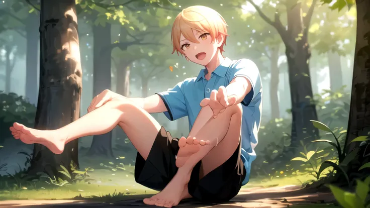 10ma_t, open mouth, hair between eyes, blonde hair, shirt, 1boy, male focus, outdoors, collared shirt, black shorts, tree, orang...