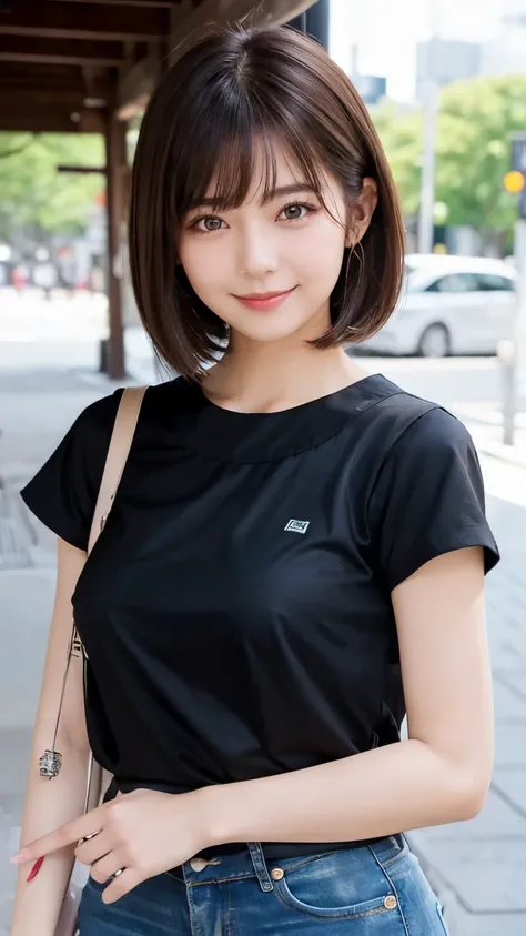 (((1girl)))((best qualtiy, 8K, tmasterpiece:1.3)),((Sharp:1.2, perfect figure beautiful woman:1.4, Slim abs:1.2)), ((Layered Hair Style, huge tit:1.3)),((Highly detailed facial and skin texture，A detailed eye，Black eye,double eyelid, droopy eyes)),(japan g...