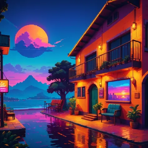 ultra-detailed,vivid colors,sunset lighting,masterpiece:1.2,medium,detailed pixelated characters,dynamic backgrounds,colorful landscapes,retro gaming,80s vibes,lively cityscape,varied architectural styles,neon signs,reflection effects,flawless pixelation,m...