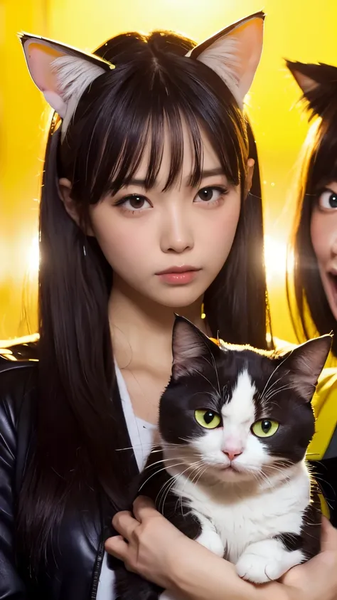 masterpiece, 4k, Bokeh, beautiful face, Harem, (multiple girls:1.4), (Group Photo:1.5), (Cat ears:1.3), (white bob hair:1.3) , looking at the viewer, cowboy shot, holding many cats in both hands, (Neon yellow background :1.4), closeup